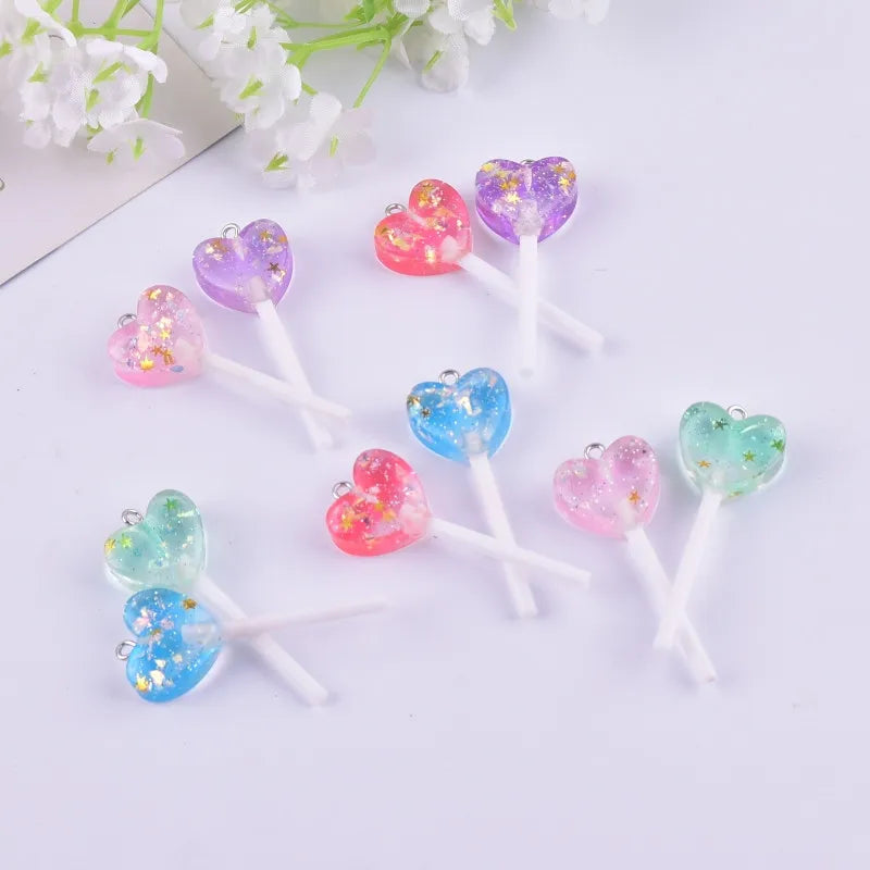 10pcs/pack Fashion Glitter Heart  Lollipop Resin Charms for Women Earring Necklace Jewelry DIY Making