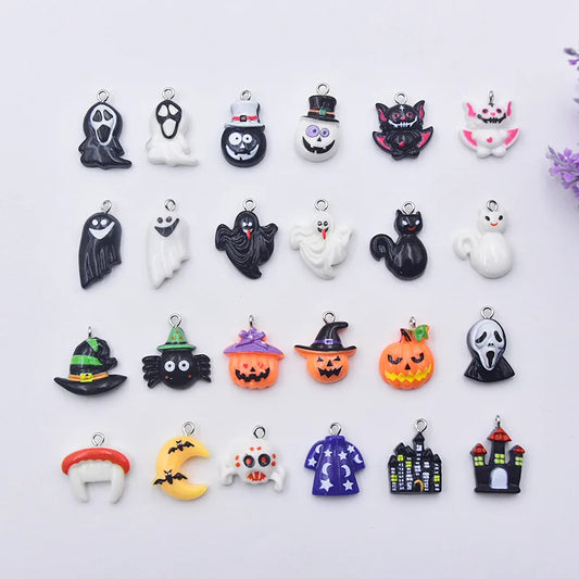 10Pcs Cartoon Resin Hook Halloween Black White Devil Bat Pumpkin Head