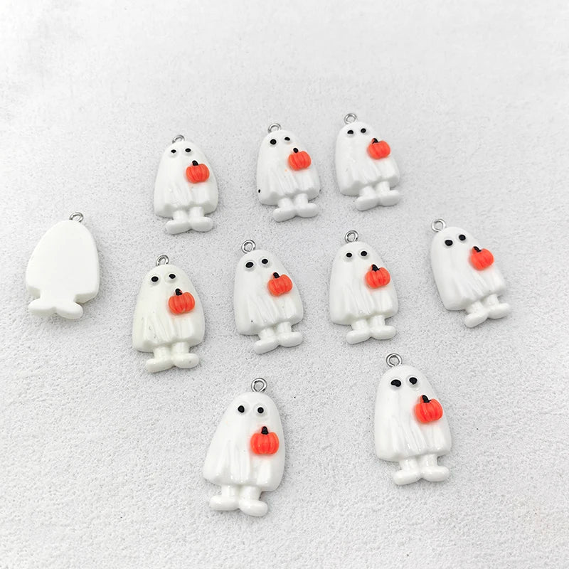 10pcs Kawaii Halloween White Ghost Pumpkin Charms for Jewelry Making Resin Handmade Pendants Crafts DIY Earring Keychain C1302