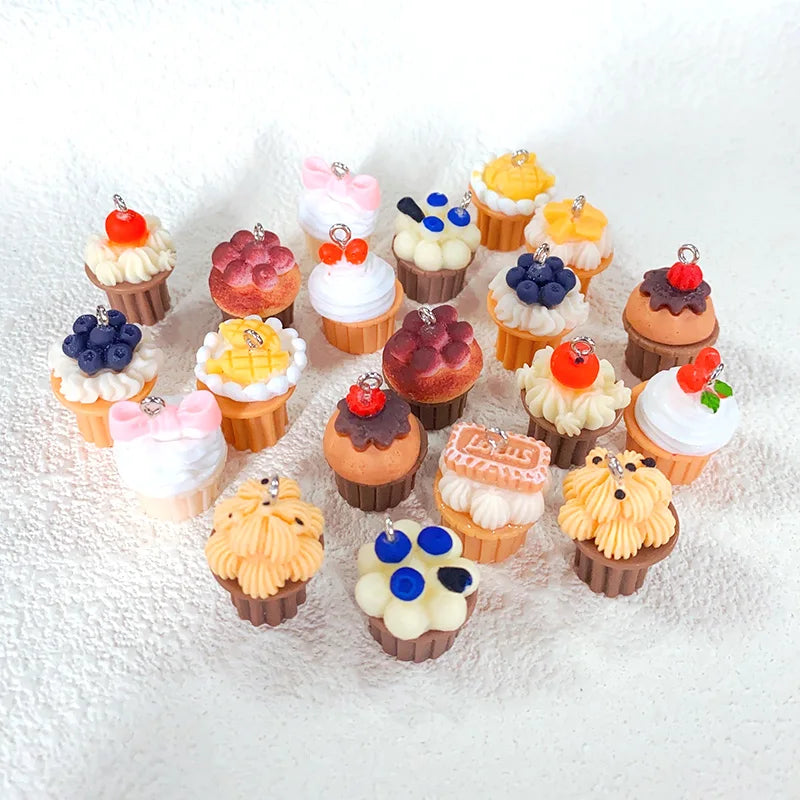 10pcs Mini Small Cup Cake Resin Charms Blueberry Cherry Cream Cakes Crafts Pendants Diy For Earring Keychain Jewelry Make