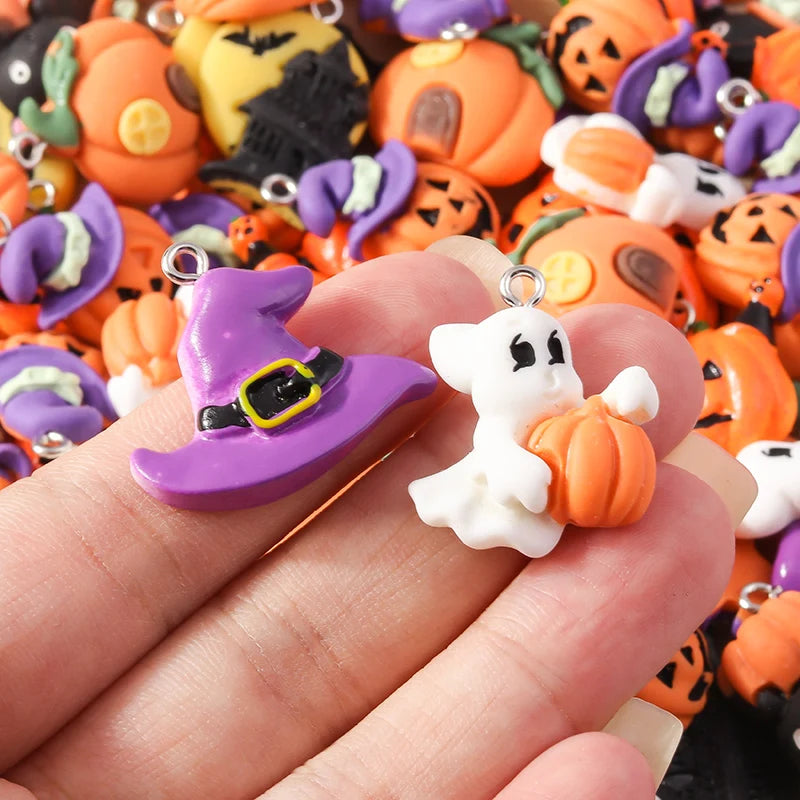 10pcs Mixed Halloween Charms Cute Resin Whitch Hat Cat Pumpkin Moon Ghost Charms Pendants for DIY Jewelry Making Accessories