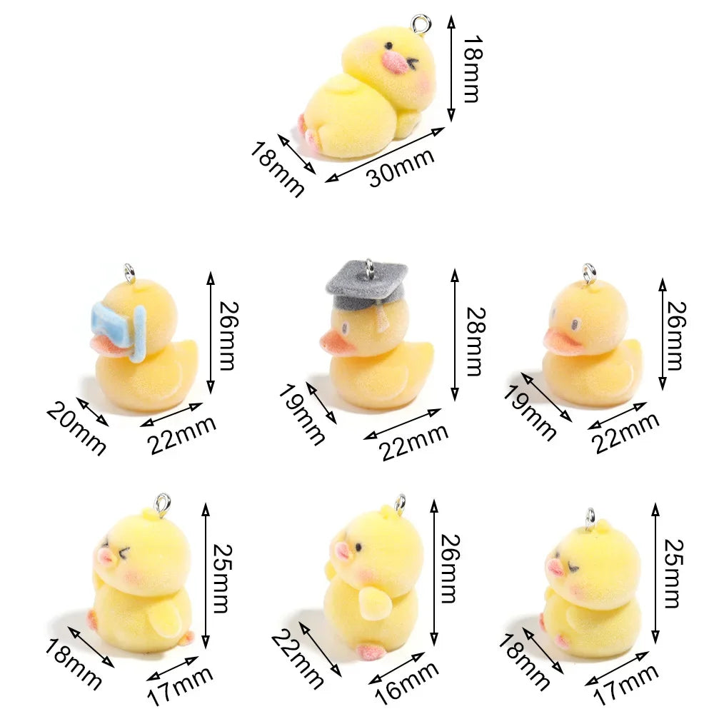 20Pcs 3D Cute Flocked Mini Duck Charms Cartoon Animal Plush Resin Pendent Phone Keychain Necklace Earring Bag DlY Jewelry Make