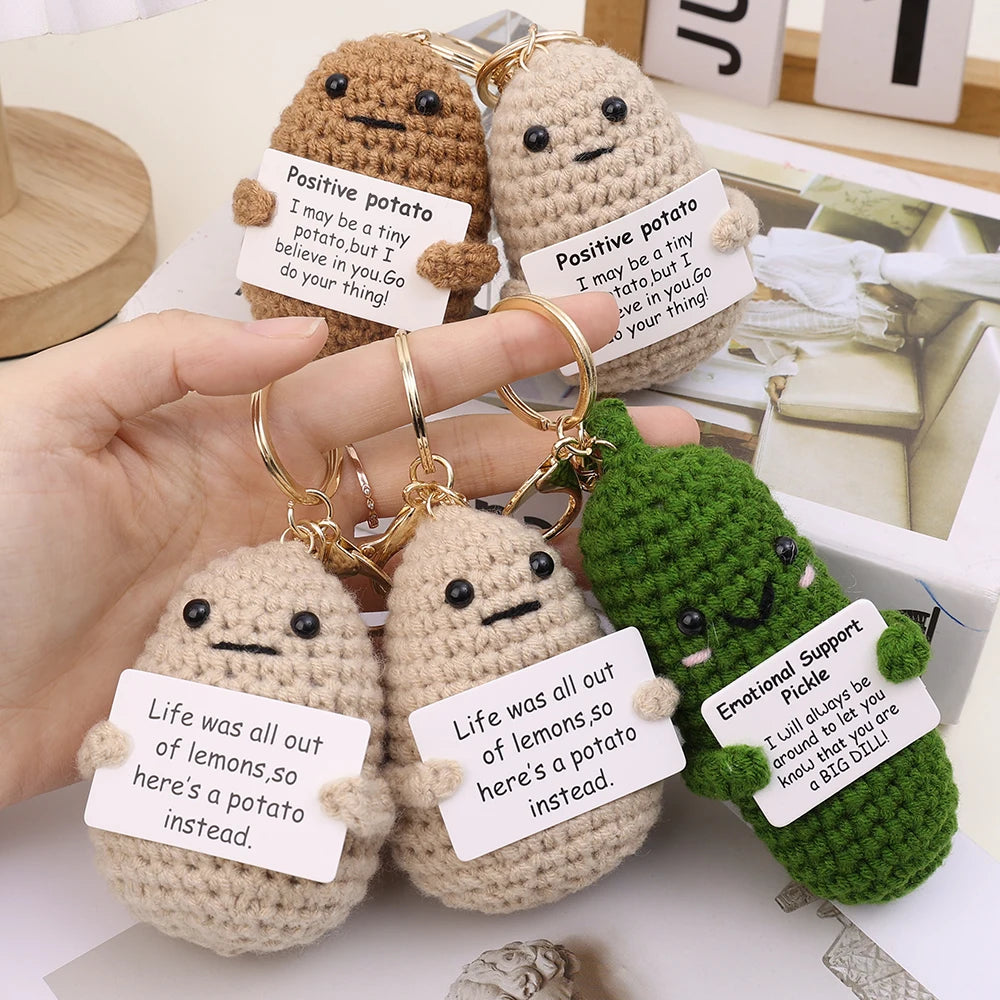 Handmade Positive Potato Keychain Cute Energy Toy Patata Cucumber Hugging Card Wool Crochet Doll Bag Pendant Inspired Key Chains