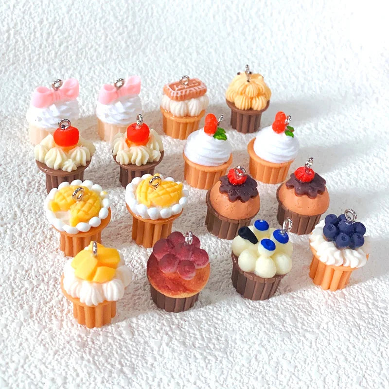 10pcs Mini Small Cup Cake Resin Charms Blueberry Cherry Cream Cakes Crafts Pendants Diy For Earring Keychain Jewelry Make