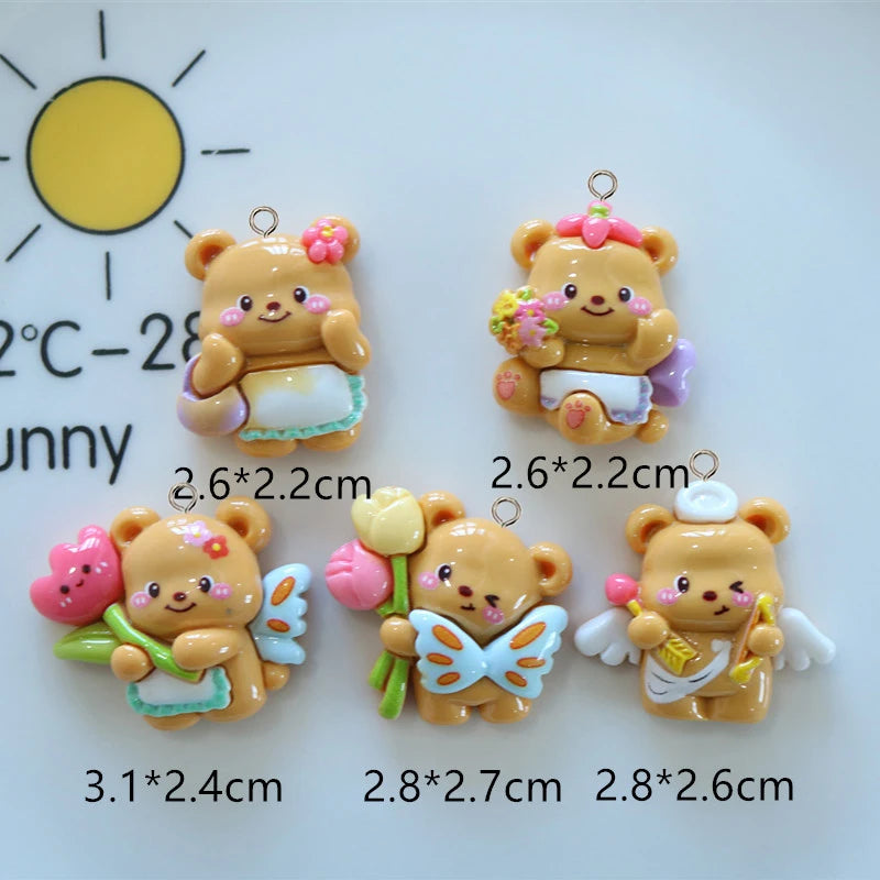 10Pcs Cute Flowers Little Bear Resin Charms