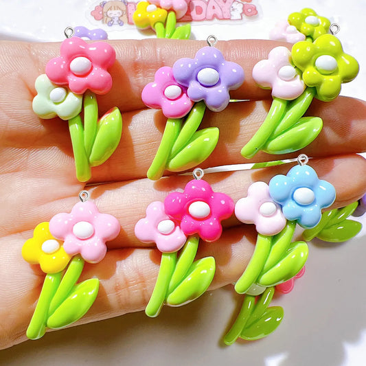 10Pcs Glossy Resin Flower Fashion Ring Charms Women Earrings Necklace Small Pendant DIY Keychain Bracelet Decor Hook Accessories