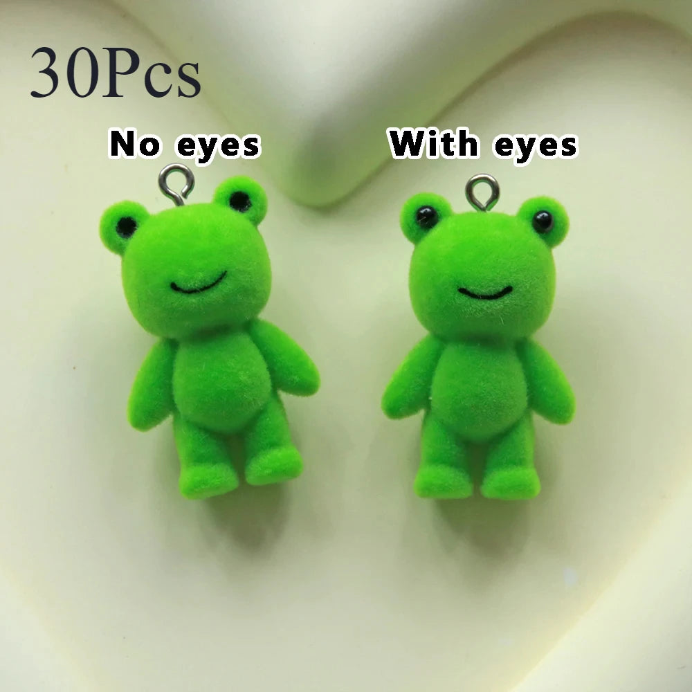 30Pcs 3D Cute Flocked With Eyed Frog Charms Cartoon Animal Resin Pendant For Earrings Phone Keychains DIY Crafts Jewelry Make