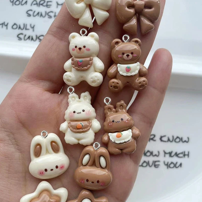 10Pcs Resin Glossy Milk Tea Color Cute Little Rabbit Cat Bear Charms Lovely Animals Flowers Star Pendants for DIY Jewelry Making