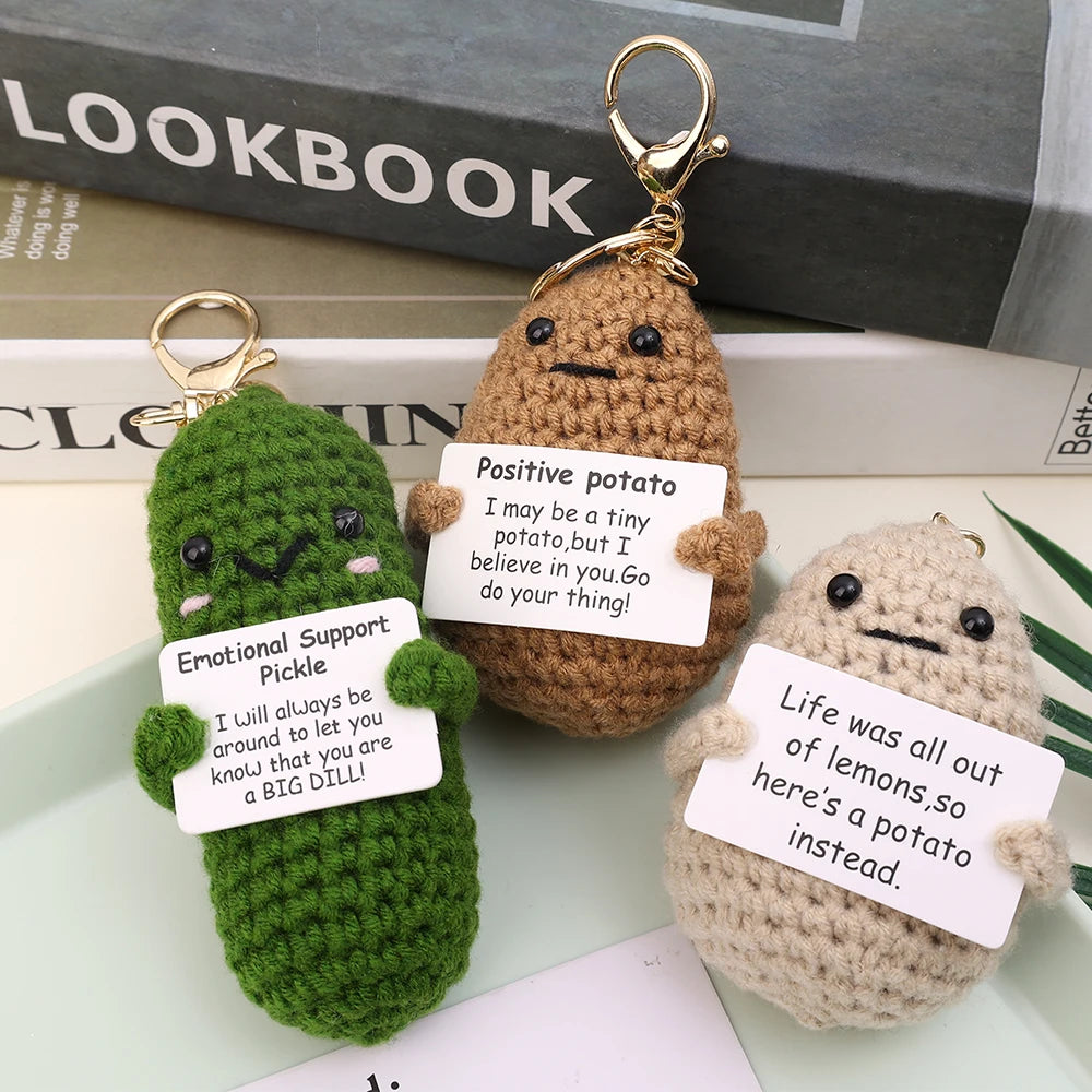 Handmade Positive Potato Keychain Cute Energy Toy Patata Cucumber Hugging Card Wool Crochet Doll Bag Pendant Inspired Key Chains