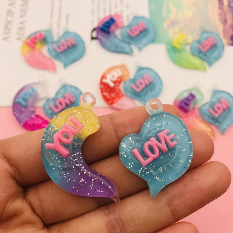 10pcs Hot Selling Resin Cute Kawaii Glitter Love You Charm for Keychain, Earring, Scrapbooking, DIY Making, Necklace