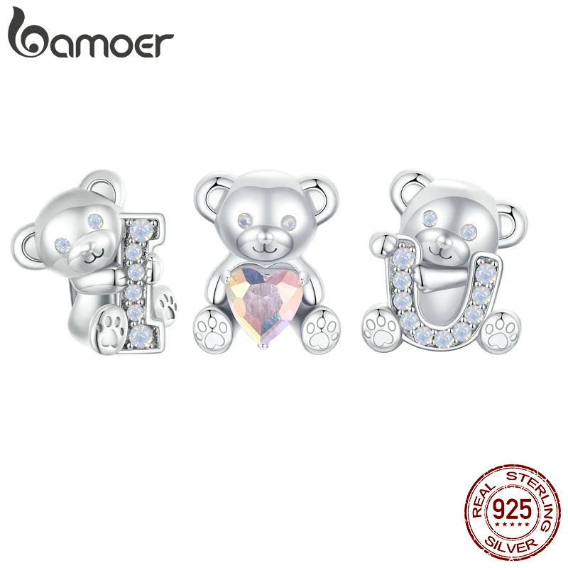 BAMOER 925 Sterling Silver Cute Bear Charms, "I love U" Cute Animal with Opal fit European Bracelets DIY Accessories SCC2713