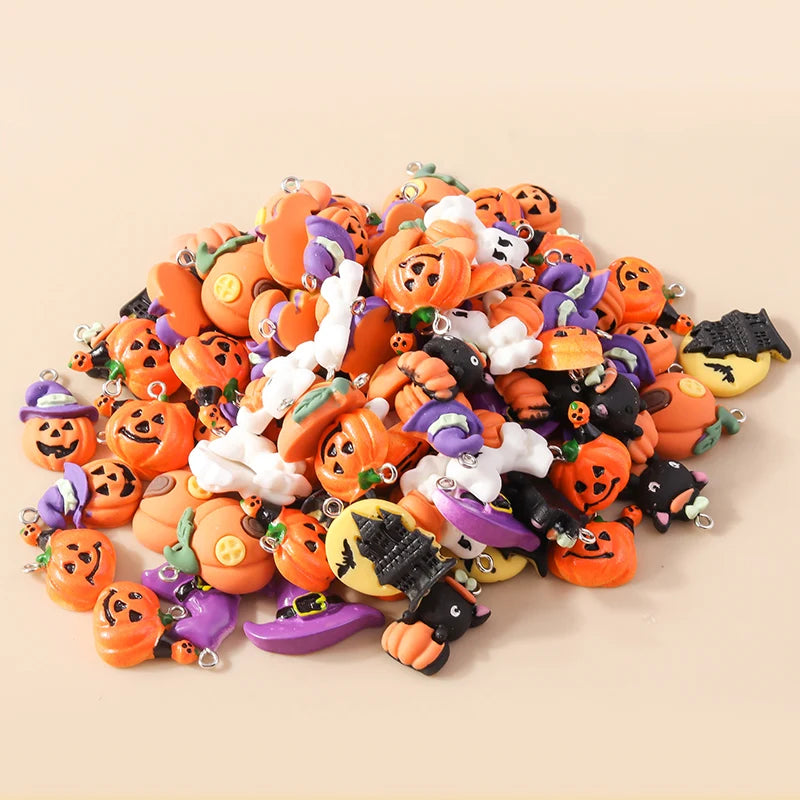 10pcs Mixed Halloween Charms Cute Resin Whitch Hat Cat Pumpkin Moon Ghost Charms Pendants for DIY Jewelry Making Accessories