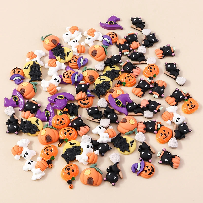 10pcs Mixed Halloween Charms Cute Resin Whitch Hat Cat Pumpkin Moon Ghost Charms Pendants for DIY Jewelry Making Accessories