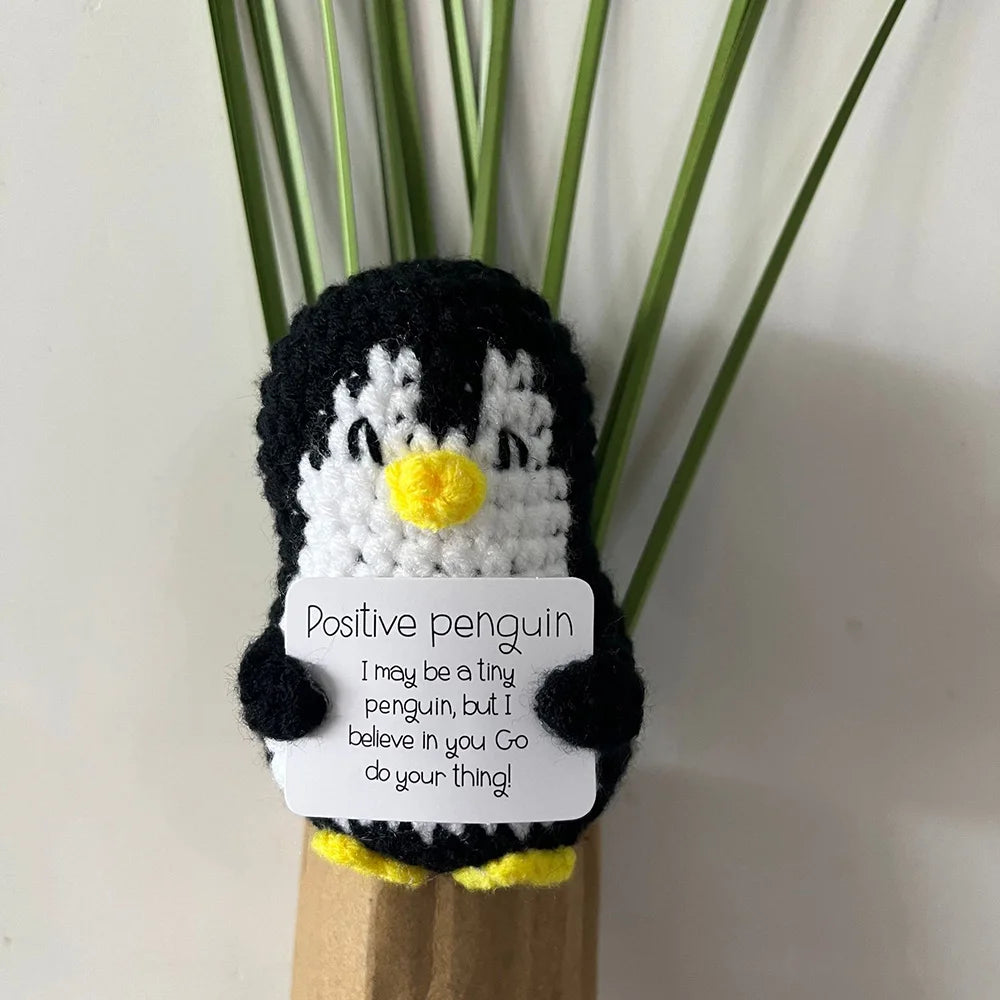 New Crocheted Positive Energy Penguin Hug Pocket Doll with Card Ornament Handmade Knitted Doll Home Room Decor Christmas Gifts