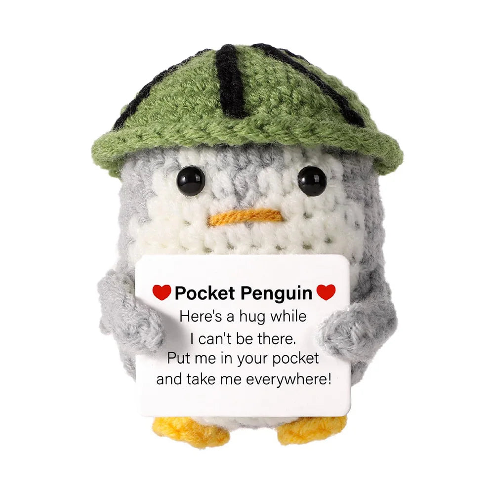 New Crocheted Positive Energy Penguin Hug Pocket Doll with Card Ornament Handmade Knitted Doll Home Room Decor Christmas Gifts