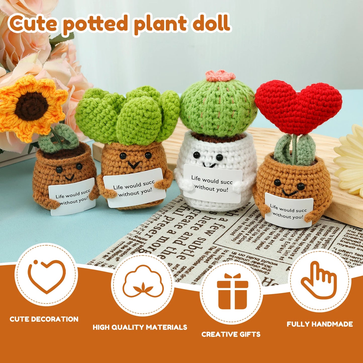 New 4Pcs Crochet Potted Plants with Inspirational Card Cute Knitted Doll Plants Handmade Emotional Support Crochet Dolls Funny