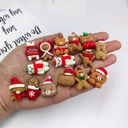 10pcs Mix Christmas Hat Bear Charms for Jewelry Making Findings Resin Sock Bear Animals Floating Pendant Flatback Diy Earring