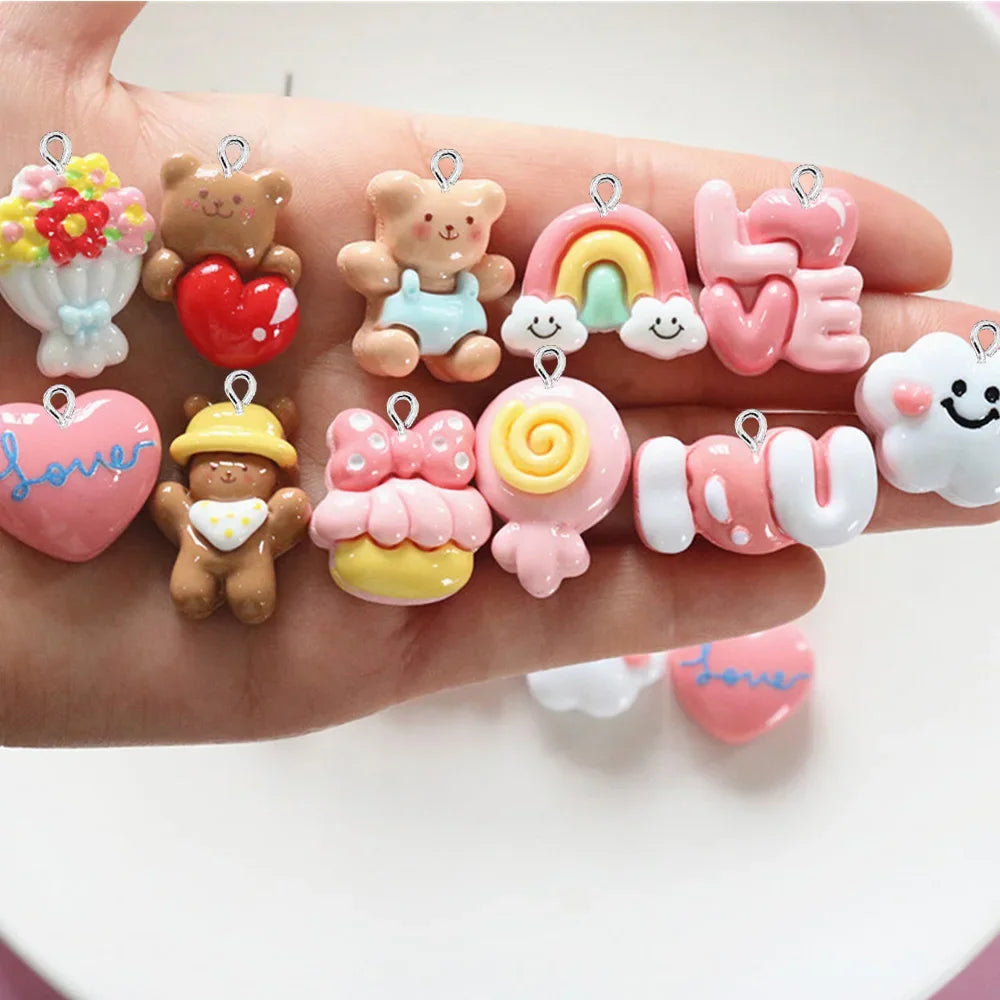 10PCS Shiny Cartoon Love Bear Flat Back Charms For Earrings Bracelet Hairpin DIY Jewelry Gift Pendants Decoration Accessories