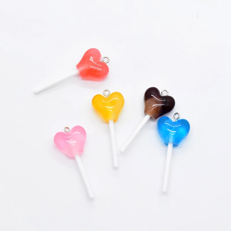 10pcs Love Heart Shape Resin Lollipop Charms Sweet Simulation Candy Pendants For Necklace Earring Phone Charm Jewelry DIY