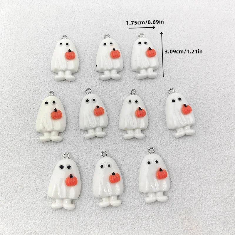 10pcs Kawaii Halloween White Ghost Pumpkin Charms for Jewelry Making Resin Handmade Pendants Crafts DIY Earring Keychain C1302