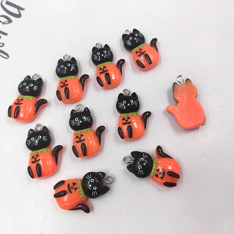 10pcs Kawaii Halloween Black Cat Pumpkin Charms for Jewelry Making Kawaii Animals Resin Pendants Flatback DIY Keychain C467