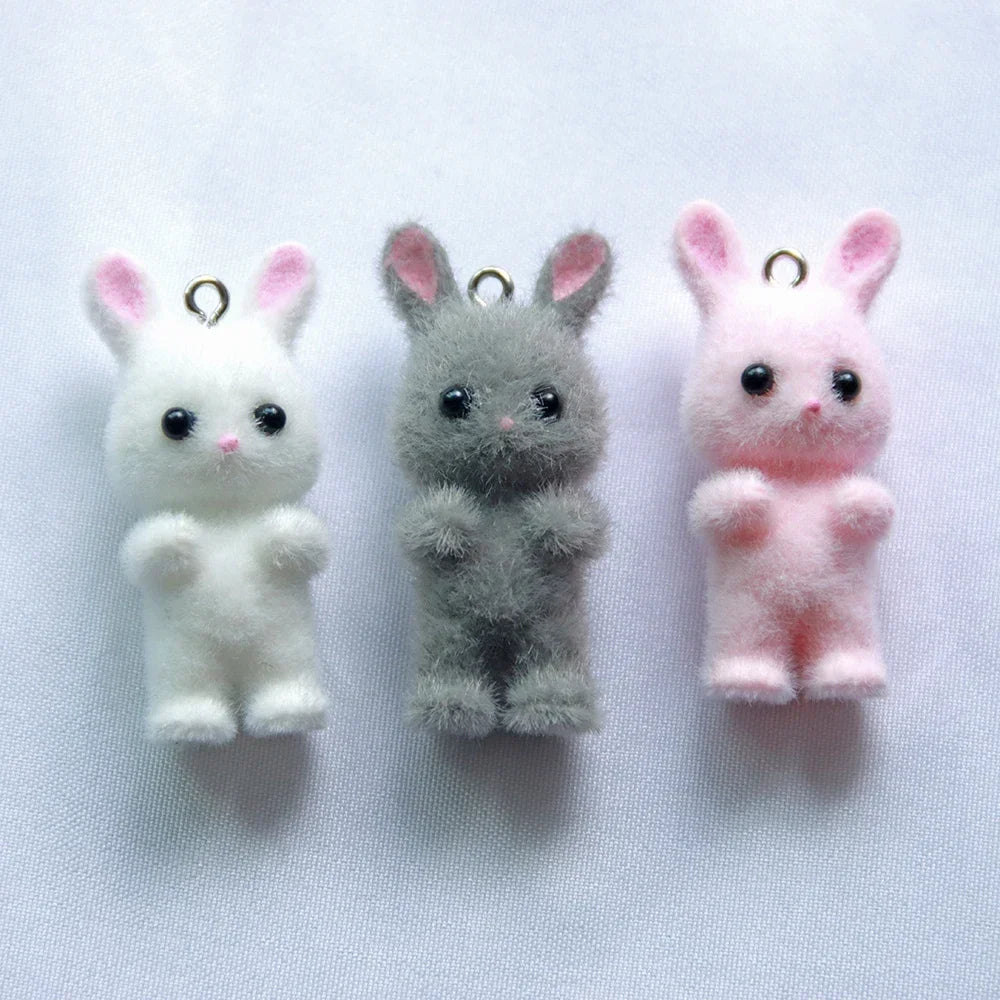 30pcs 3D Cartoon Rabbits Charms Flocking Animal Pendants For Making Bracelet Necklace Keychain Handmade Accessories Supplies