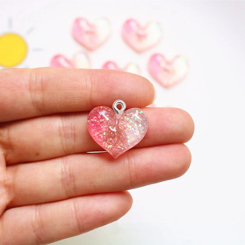 10Pcs Gradient Glitter Love Heart Resin Pendant DIY Trendy Jewelry Make Accessories Bracelets Keychain Craft Supplies Charm Hook