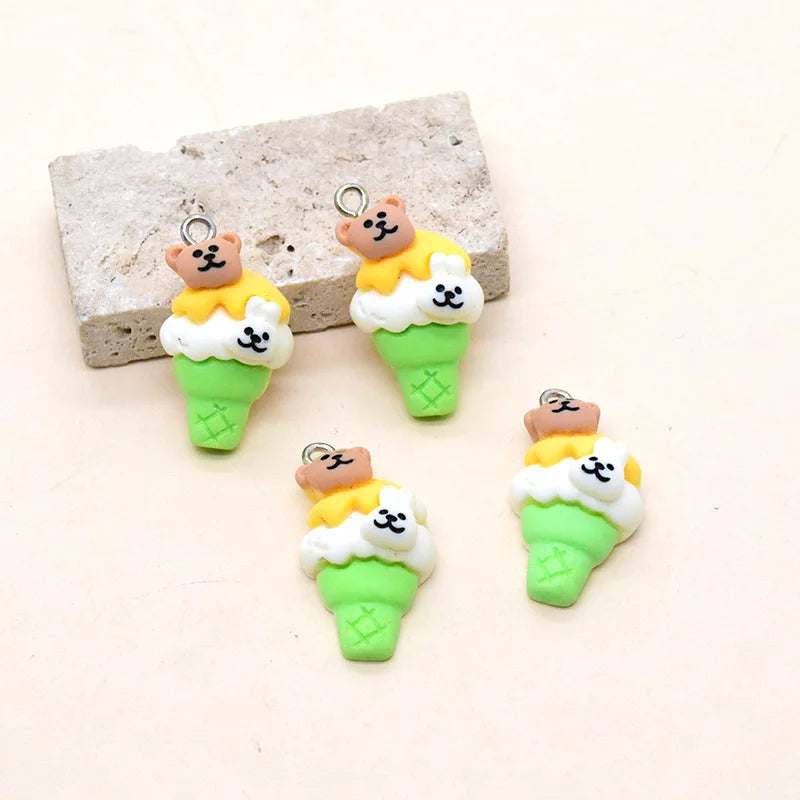 10pcs Lovely Bear Ice Cream Resin Charms Cartoon Earring Keychain Pendant Decor Accessory Diy Cute Jewelry Making