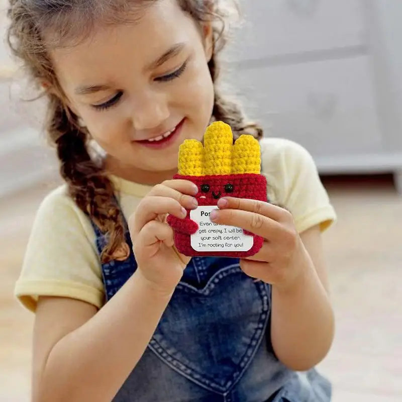 Positive Knitted Toy Knitted Fries Funny Crochet Inspirational Toy Cute Room Decor Knitted Toys Comfort Fries With Positive Card