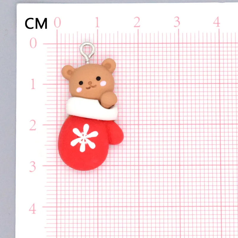 10pcs Kawaii Christmas Gloves Bear Resin Charms Lovely Earring Keychain Pendant DIY Jewelry Make