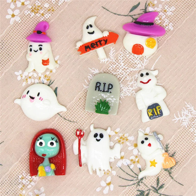 10pcs Resin Halloween Pumpkin White Ghost Flat Back Cabochon Art Supply Decoration Charm Craft DIY Hair Bow Center