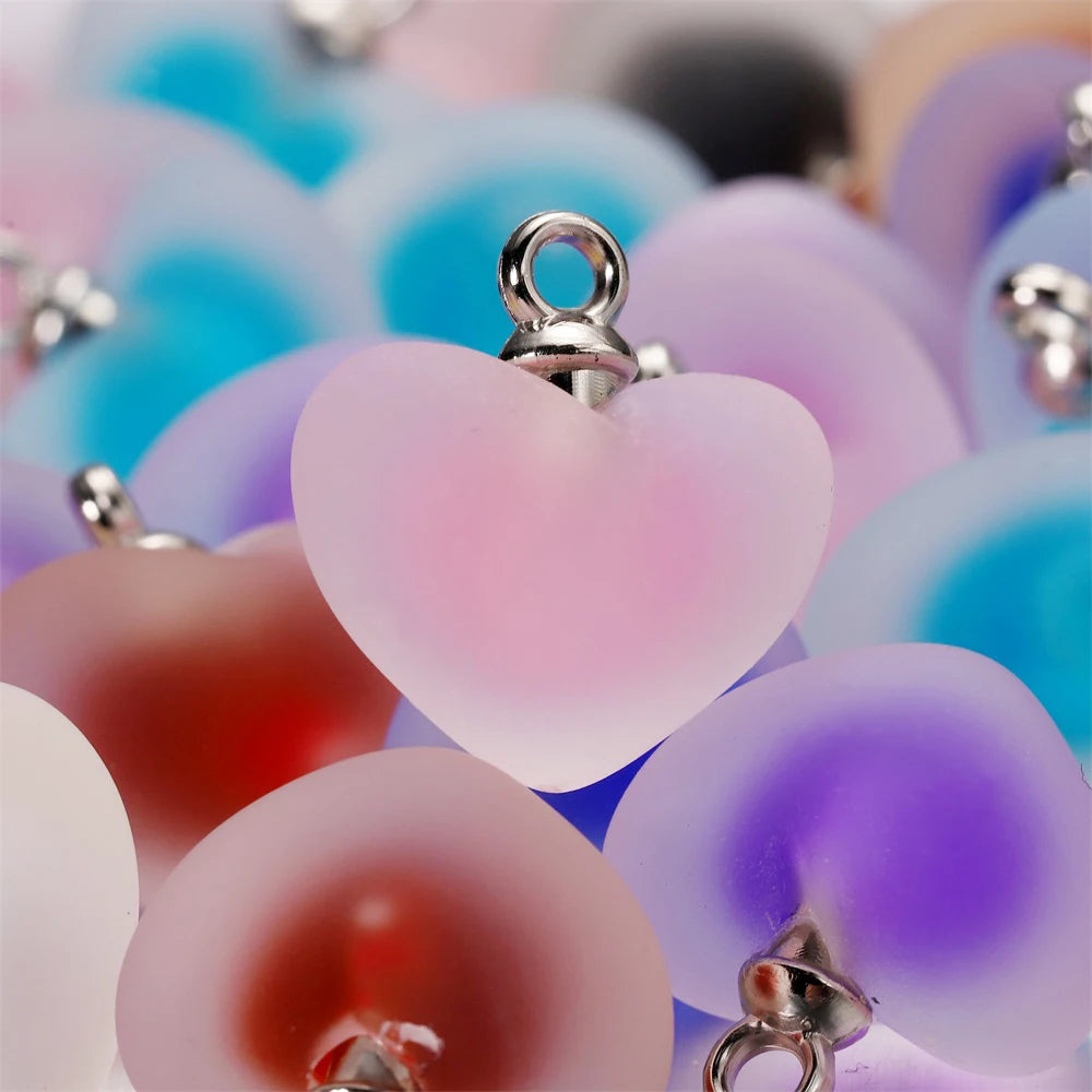 10Pcs/Lot Resin Frosted Colorful Heart Charms Bracelet Earrings Necklace Jelly Beads Pendant For DIY Jewelry Making Supplies