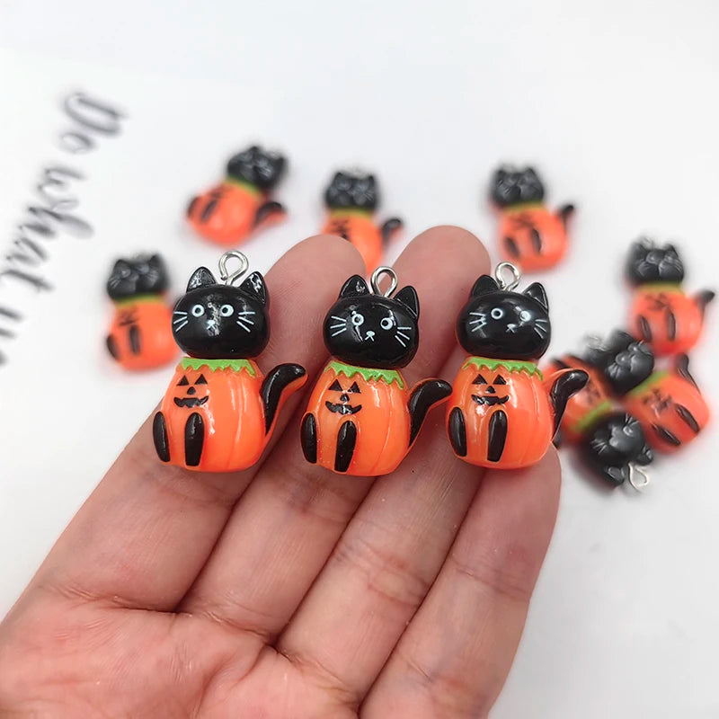 10pcs Kawaii Halloween Black Cat Pumpkin Charms for Jewelry Making Kawaii Animals Resin Pendants Flatback DIY Keychain C467