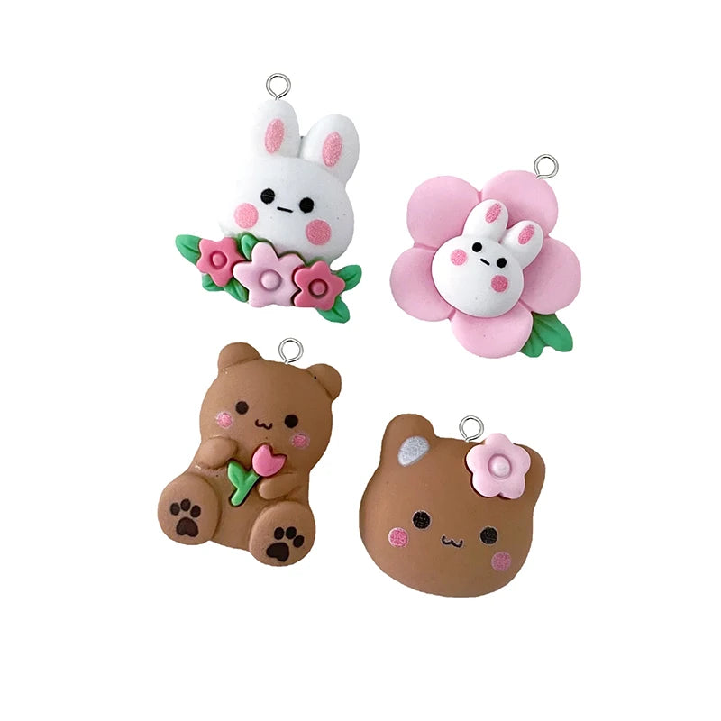 10pcs/pack Kawaii Flower Rabbit Bear Resin Charms Lovely Cartoon Animal Pendant For Earring Keychain DIY Jewelry Making