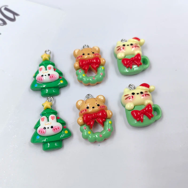 10pcs 2024 Christmas Animals Bear Cat Rabbit Charms