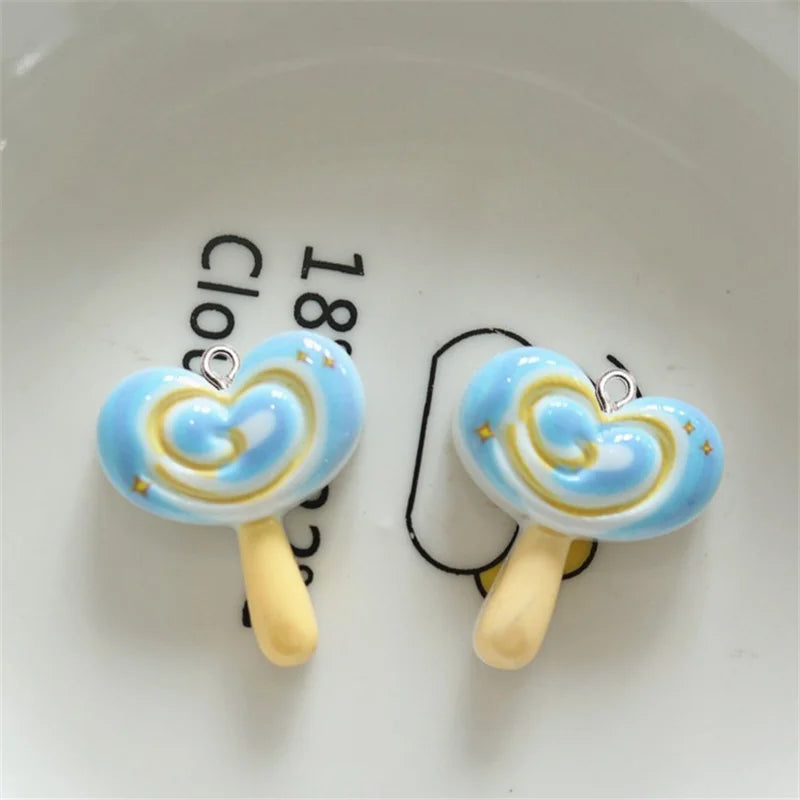 10Pcs Glossy Love Heart Lollipop Resin Charms