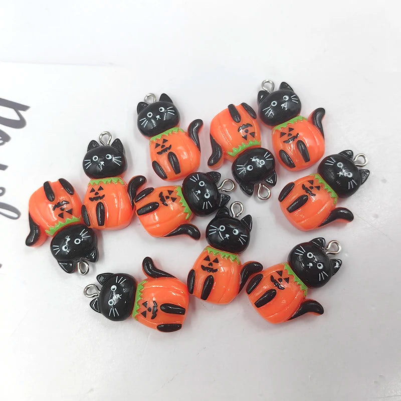 10pcs Kawaii Halloween Black Cat Pumpkin Charms for Jewelry Making Kawaii Animals Resin Pendants Flatback DIY Keychain C467