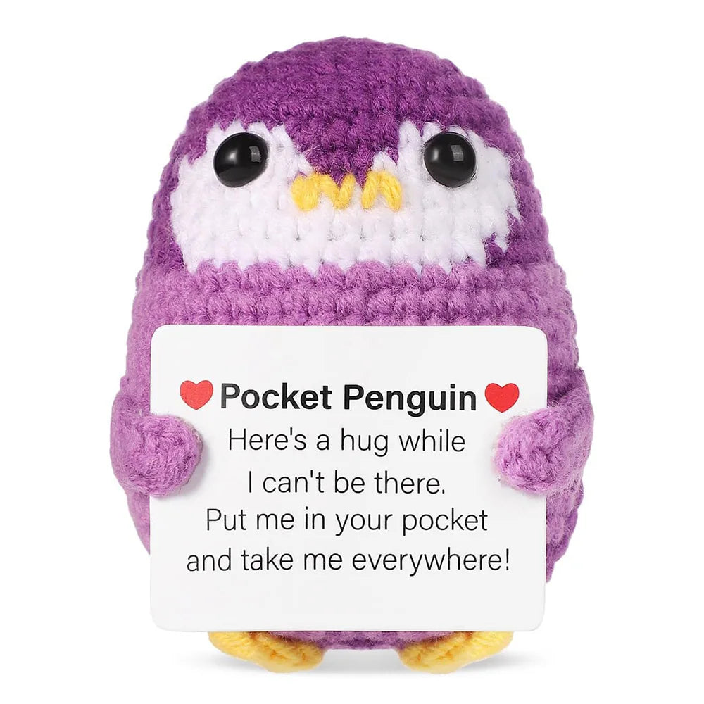 New Crocheted Positive Energy Penguin Hug Pocket Doll with Card Ornament Handmade Knitted Doll Home Room Decor Christmas Gifts