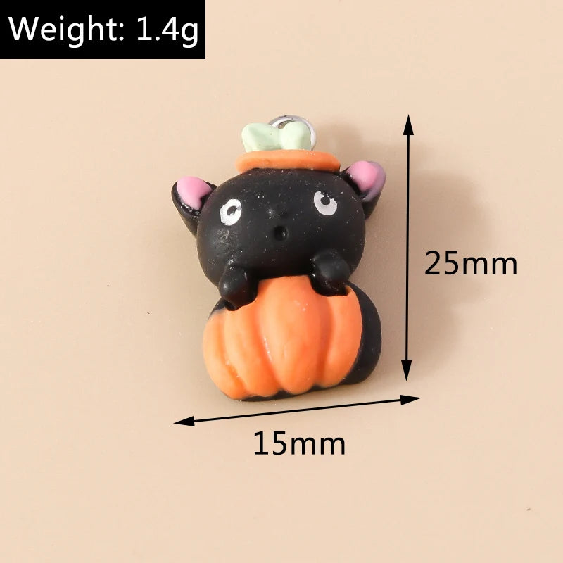 10pcs Mixed Halloween Charms Cute Resin Whitch Hat Cat Pumpkin Moon Ghost Charms Pendants for DIY Jewelry Making Accessories