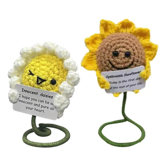 Hand Knitted wool Crocheted doll pendant Cute Emotional Support sunflower Positive Crochet Sunflower Toy with Inspirational Card