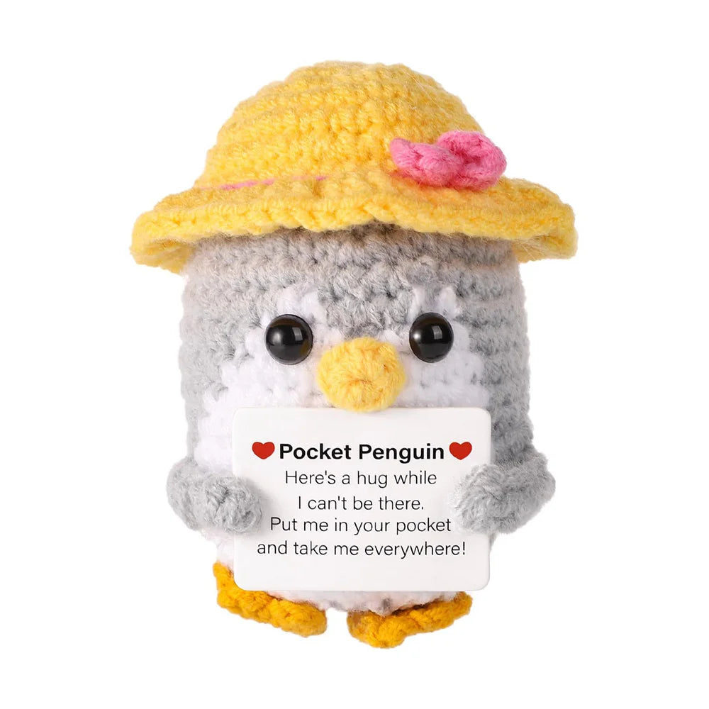 New Crocheted Positive Energy Penguin Hug Pocket Doll with Card Ornament Handmade Knitted Doll Home Room Decor Christmas Gifts