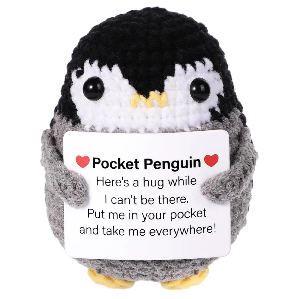 New Crocheted Positive Energy Penguin Hug Pocket Doll with Card Ornament Handmade Knitted Doll Home Room Decor Christmas Gifts