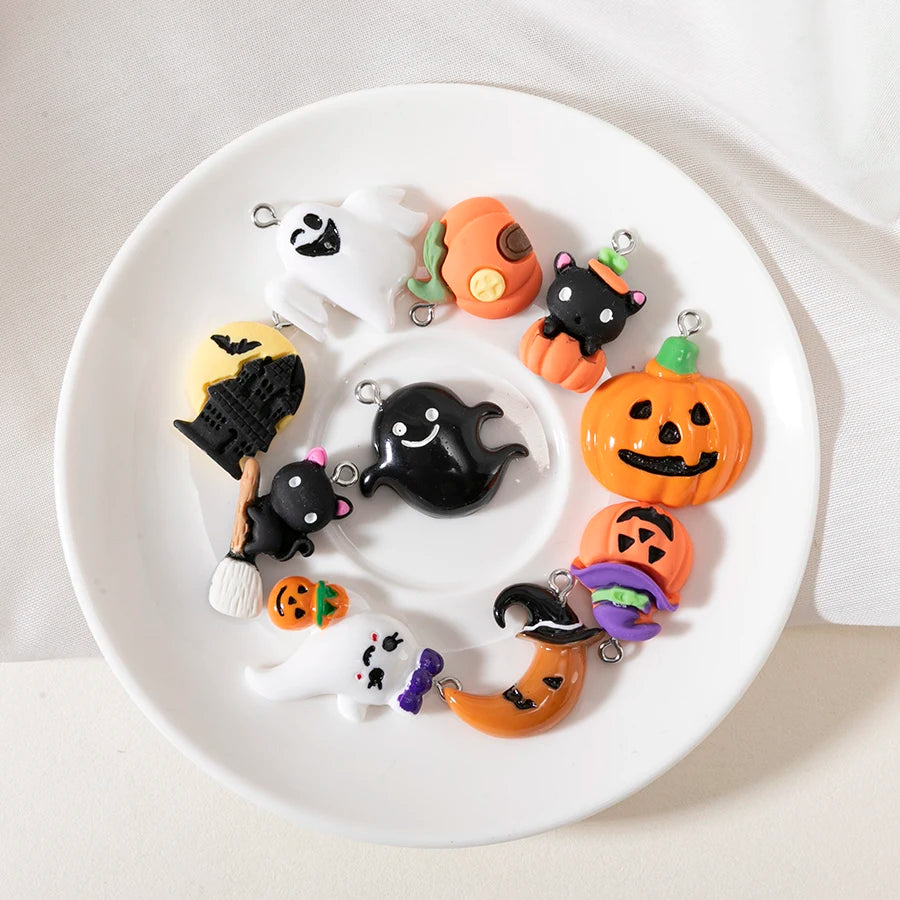 sansango Mix 10Pcs/Pack Halloween Pumpkin Ghost Charms Resin Jewelry Charms For Halloween Bracelet Necklace Making Accessories