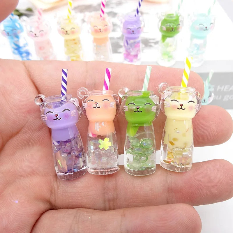 10pcs Luminous 3D Cat Drink Bottle Resin Charms Lovely Straw Cup Earring Keychain Pendant Accessory Diy Cute Jewelry