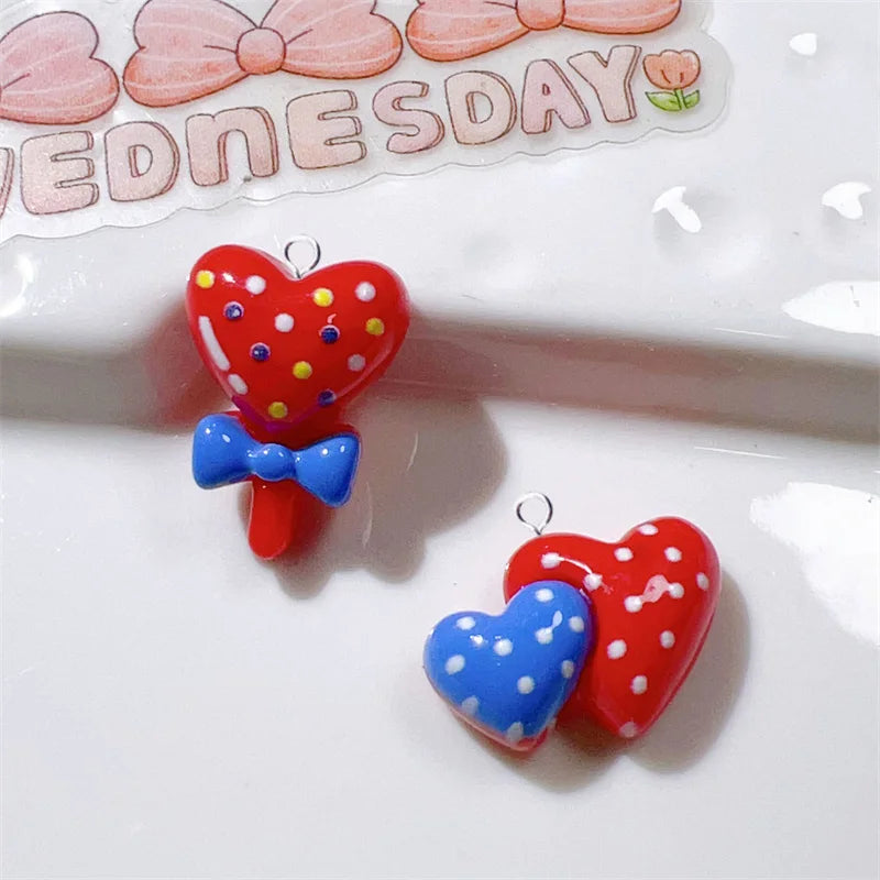 10pcs Kawaii Red Heart Lollipop Charms for Jewelry Making Resin Double Hearts Flatback Pendant Diy Keychain Findings C1372